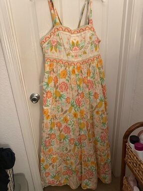 Floral Tie-Strap Maxi Dress in Cream and Peach